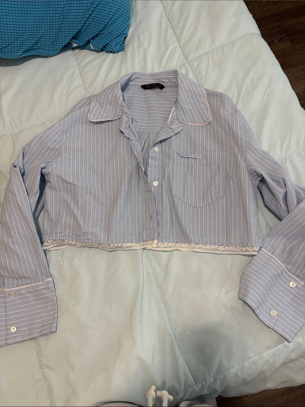 Zara Cropped Blue Striped Button-Up Top with Lace Trim